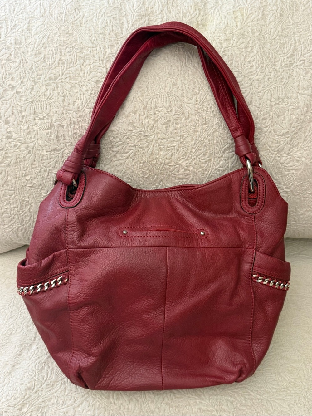 B. Makowsky Red Leather Shoulder Bag with silver detail. - Picture 2 of 8